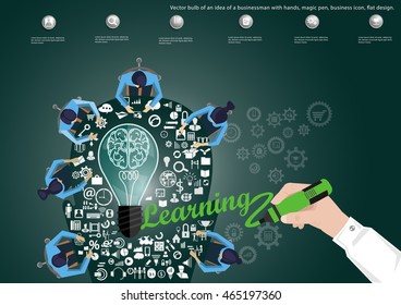 Vector bulb of an idea of a businessman with hands, magic pen, business icon, flat design.