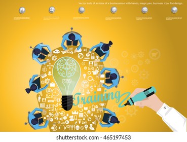 Vector bulb of an idea of a businessman with hands, magic pen, business icon, flat design.