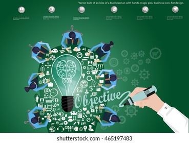 Vector bulb of an idea of a businessman with hands, magic pen, business icon, flat design.