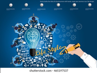 Vector bulb of an idea of a businessman with hands, magic pen, business icon, flat design.