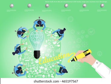 Vector bulb of an idea of a businessman with hands, magic pen, business icon, flat design.