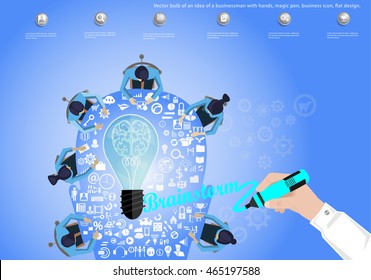 Vector bulb of an idea of a businessman with hands, magic pen, business icon, flat design.