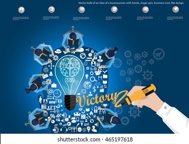Vector bulb of an idea of a businessman with hands, magic pen, business icon, flat design.