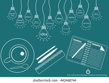 Vector bulb of ideas of business, marketing, trading with coffee cup,Pens, pencils, rulers, diary. flat design 