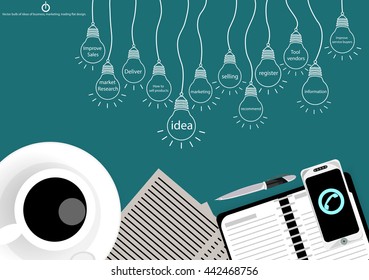 Vector bulb of ideas of business, marketing, trading with coffee cup,Cell phone, paper, diary, pen flat design 