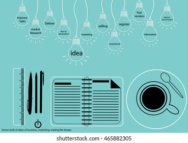 Vector bulb of ideas of business, marketing, trading with coffee cup,Pens, pencils, rulers, diary. flat design