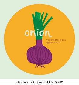 Vector bulb onion icon. Pencil hand-drawn texture. Green bulb leek illustration isolated. Vegan restaurant logo, vegetarian symbol. Homemade cooking sign. Vegetable drawing for label or packaging.