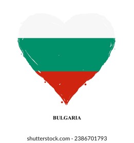 Vector Bulgaria flag in heart shape with grunge texture. Heart shaped Bulgarian flag isolated on white background. Beautiful design country flag of Bulgaria for banner, poster, sticker, print. Vector