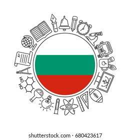  Vector Bulgaria school background, with black linear icons on white. Education pattern with modern line style icons and Bulgarian flag.