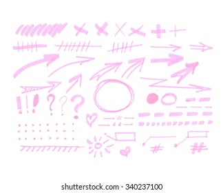 Vector bulk collection of one color transparent highlighter marks, gentle pink isolated on white