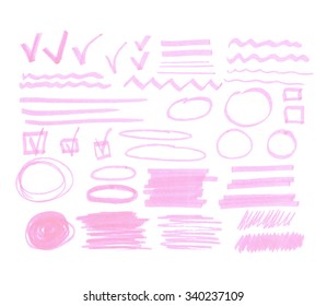 Vector bulk collection of one color transparent highlighter marks, gentle pink isolated on white