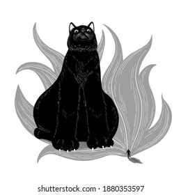 Vector bulky cat. A huge black cat sits in front of a man. Flat illustration 