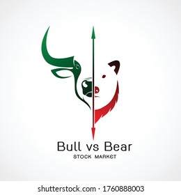 Vector of bull and bear symbols of stock market trends. Stock market and business concept. The growing and falling market. Wild Animals.