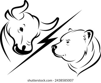 Vector of bull and bear symbols of stock market trends. Stock market and business concept. The growing and falling market. Wild Animals.