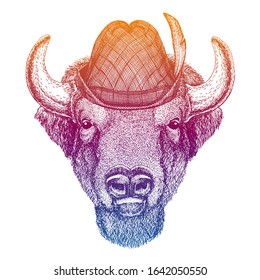 Vector bull, buffalo, cow, bison. Bavarian traditional hat. Tirol austrian hat. Beer oktoberfest animal portrait.