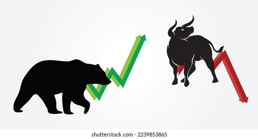 Vector Bull o corrida de abusadores; Tendencia del mercado de la criptografía o de las acciones. Intercambio comercial, gráfico de flechas hacia arriba o hacia abajo. Gráfico de precios de criptodivisa. Crisis o auge de la economía mundial.