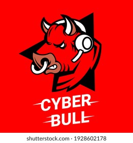 Vector bull head with headphones logo on red background. Line art flat style design of user avatar