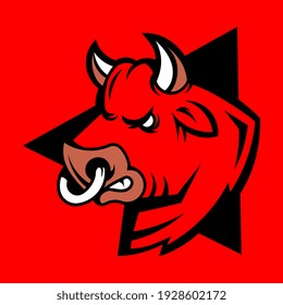 Vector bull head logo on red background. Line art flat style design of user avatar