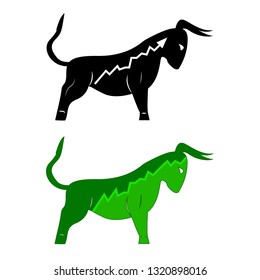 Vector bull icon with price increase chart inside. Set of logos: green and black silhouette of a bull (buyers in the forex market). Symbol of a growing trend.
