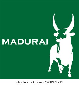 vector BULL and MADURAI  text on white color silhouette illustration isolated on green background