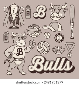 Vector of Bull Mascot Vintage Hand Drawn Object Set