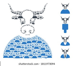 Vector bull person composition is made with scattered recursive bull person icons. Recursion collage from bull person. Some other icons are present in this vector.