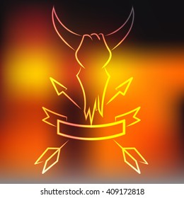 Vector bull skull with horns, arrows and ribbon, ring, in the style of old school