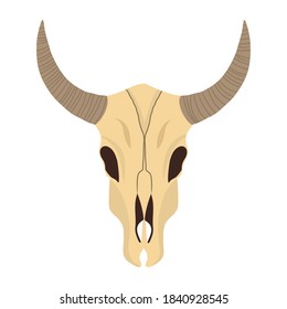 Vector bull skull isolated flat style for game or animation design. Illustration for the decoration of westren games, wild west animations. Animal skull with horns isolated on white background.