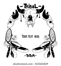 Vector bull skull - Tribal totem illustration with dream - catcher. Ornate tattoo design element