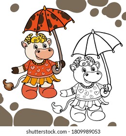 Vector bull symbol of the year 2021. Clipart in color and black and white. Chinese new year, Christmas. Design elements for calendar and souvenir products, children's coloring pages