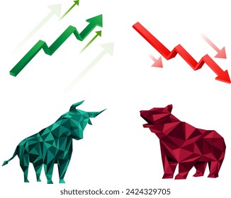 Vector bull vs bear symbols of stock market growing and falling arrows