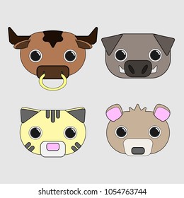 Vector of bull, wild boar, tiger and bear.