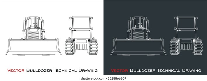 Vetor bulldozer frente e linha de vista traseira planta desenho técnico em modelo de arames
