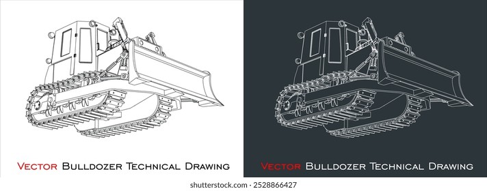 Vetor bulldozer linha blueprint wireframe desenho técnico
