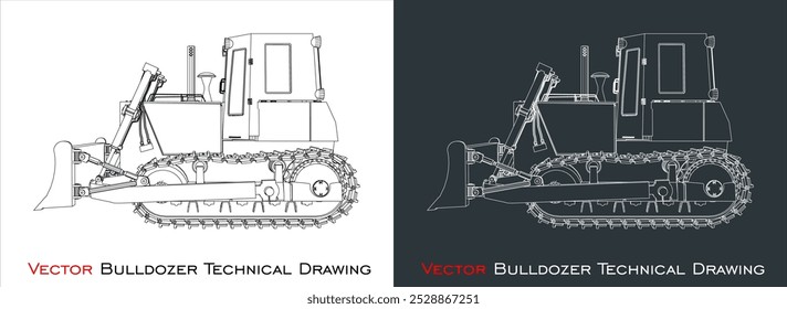 Vetor bulldozer vista lateral linha planta modelo arames desenho técnico
