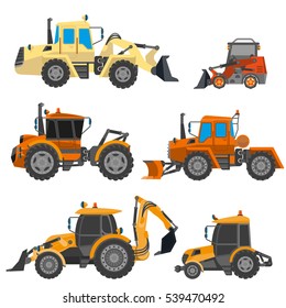 Vector bulldozers. Set of construction equipment: yellow tractor, heavy machinery for work, truck and excavator. Icon of industrial transportation in flat design. Illustration isolated on white