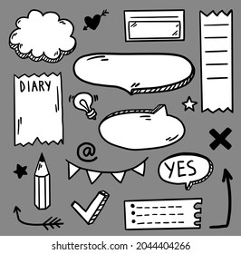 Vector bullet journal collection set with arrow, speech bubble, pencil, big sticker pack hand drawn scribble doodle cartoon style.