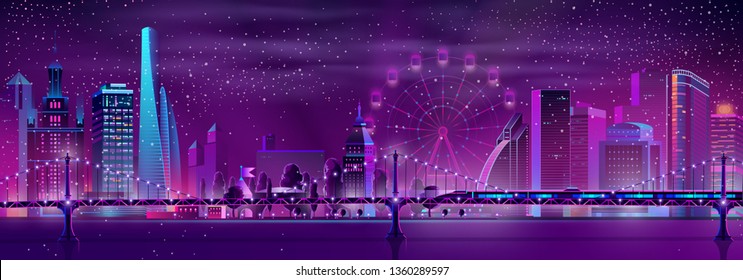 Vector bullet train on bridge over the river and modern megapolis on background. Speed railroad vehicle, Ferris wheel and park in neon glowing colors. Urban skyscrapers in violet colors, town exterior