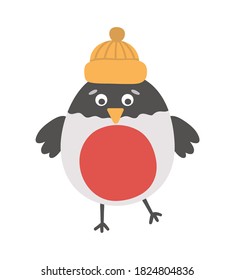 Vektor-Stierfinch auf orangefarbenem Hut. Cute Winter Vogel-Illustration. Schönes Weihnachtskartendesign. Neujahrsausdruck mit lächelndem Charakter
