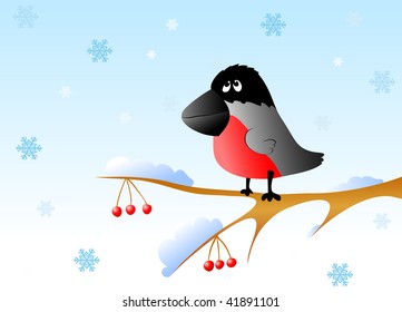 The vector bullfinch, is sitting on a rowan branch