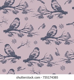 Vector bullfinch, tree branches, rowan berry seamless pattern, hand drawing sketch illustration in rustic retro style.. 
