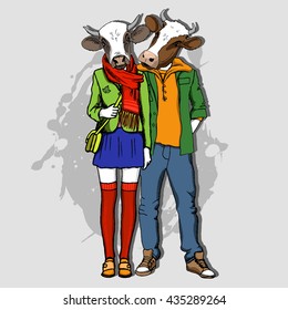 Vector  bull-man and cow-woman. Hand drawn illustration of dressed bull and cow. Rendezvous.