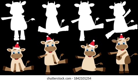 Vector bulls on a black background, movement. The symbol of the year bull in different poses. For printing on T-shirts, textiles, postcards.