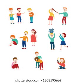 Vector bullying and children harassment concept set. Lonely boys, girls victim sitting holding knees while kids viciously laughing pointing to them. Girl taking away girl's ball, backpack kids fighing