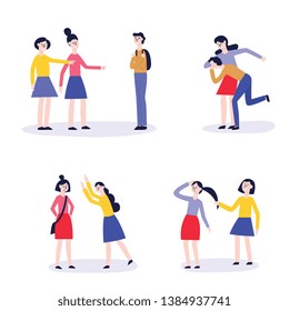 Vector bullying and teenage harassment concept set. Lonely boys, girls victim sitting holding knees while kids viciously laughing pointing to them. Girl taking away girl's ball, backpack kids fighing