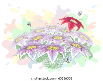 Vector bunch of beautiful lily flowers with bees turning over them
