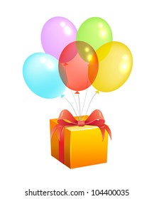 Vector bunch of colorful balloons and a gift box