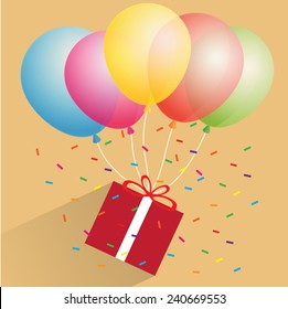 vector bunch of colorful balloons and a gift box