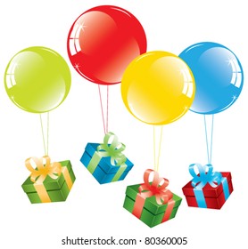 vector bunch of colorful balloons and a gift box