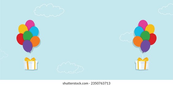 vector bunch of colorful balloons and a white gift box with red ribbon flying  in the sky